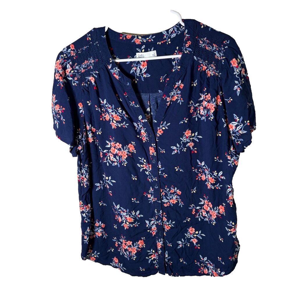 Croft & Barrow Shirt Women's Large Blue Floral Button Up Lightweight Casual